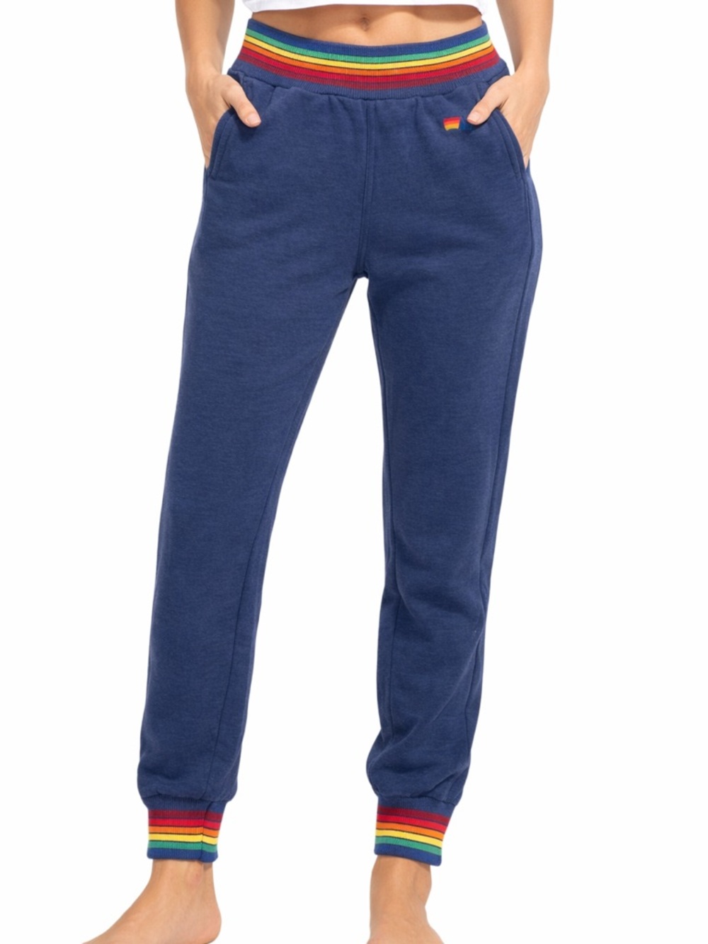 Aviator Nation Navy Track Joggers with Rainbow Stripe Waistband & Cuffs small
